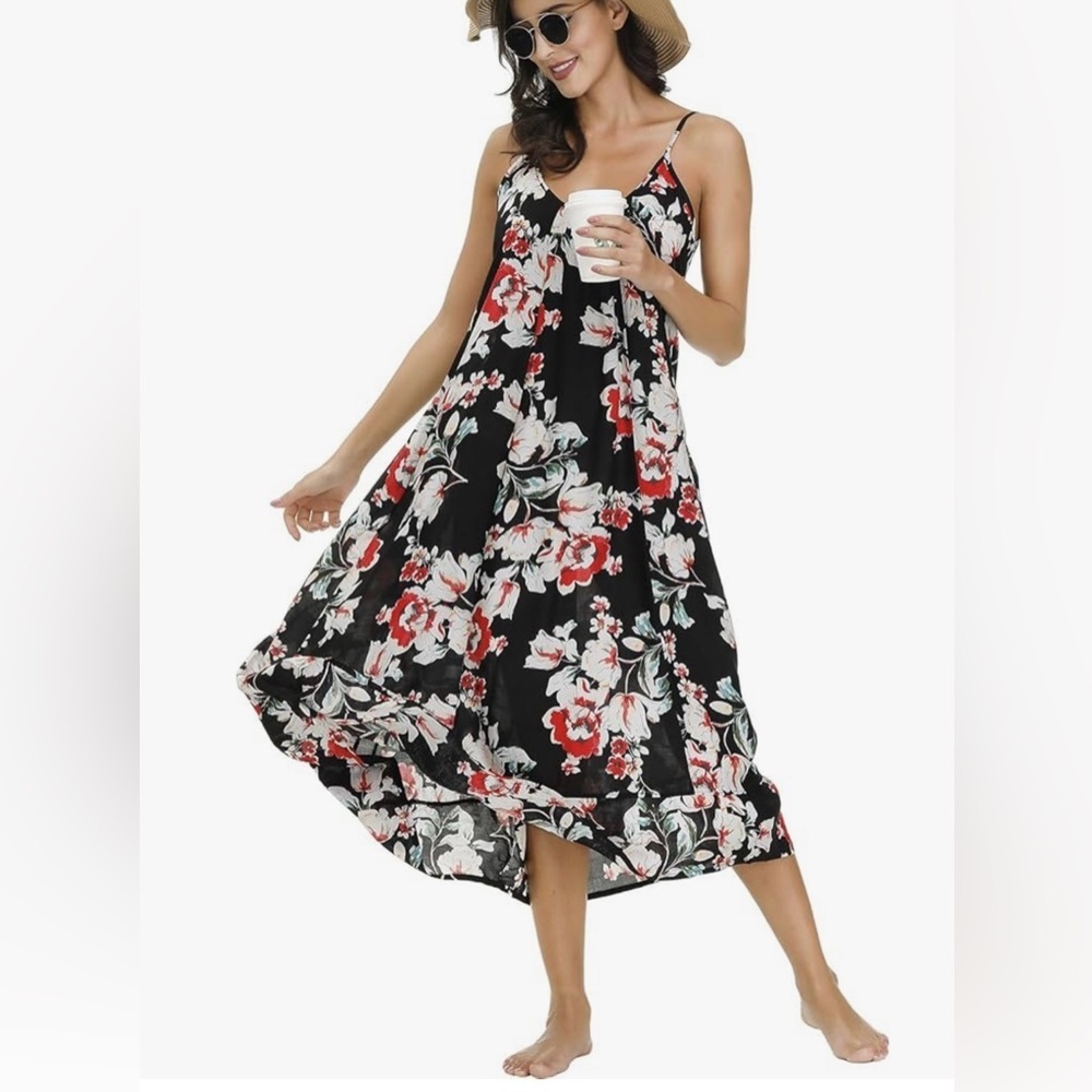 Buenos Ninos Floral V neck Maxi Dress Boho Printed Sz M adjustable straps NWT